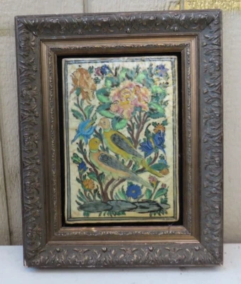 RARO ANTIGUO GRANDE 19 C. POLICROMO PERSA QAJAR AZULEJO ROSA FLORES Y PÁJAROS Foto 1 de 4