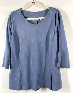 Soft Surroundings Blue 3/4 Bell Sleeve V-Neck Fleece Pullover Blouse Top Size PM - Picture 1 of 11