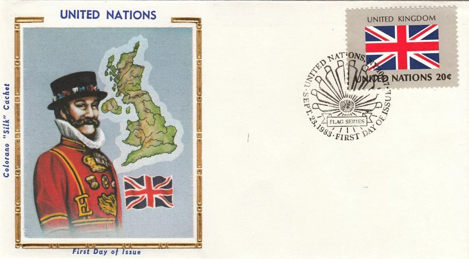 Gold Folio Silk United Kingdom National Dress Flag Map UN FDC 1983 - Image 1 of 1