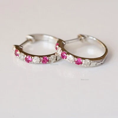 Genuine Ruby Gemstone &Natural Diamonds Dainty Hoops 14k White Gold Fine Jewelry - Image 1 of 4