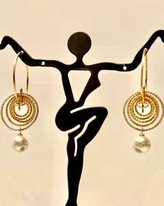 DESIGNER 925S/GOLD GRADUATED CIRCLES~FAUX PEARL DROP DANGLE EARRINGS~5GR - Picture 1 of 12