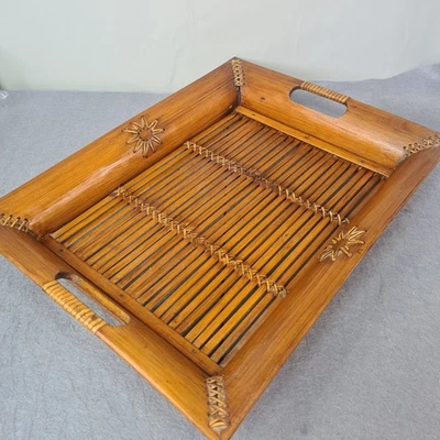 Vintage Rattan Bamboo Tray Boho Butler Serving Breakfast Tea Floral Sun Stitched - Image 1 of 4