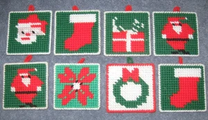 1970's Vintage Lot of 8 Handmade Plastic Canvas Yarn Christmas Ornaments; 3" Sq - Picture 1 of 10