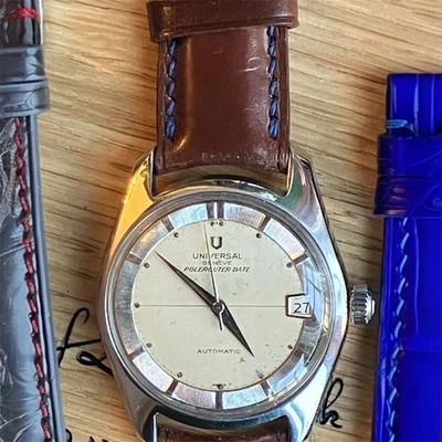 Universal Geneve Polerouter Fecha Automática ST 35mm Estuche Crema Índice Dial Correa 1960 Foto 1 de 4