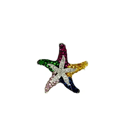 Broche colgante estrella de mar con diamantes y zafiro multicolor de oro blanco de 14K Foto 1 de 4
