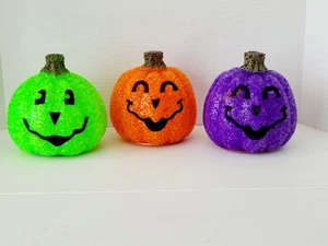 Set of 3 Lighted Pumpkin Trio Halloween Bright Color Tabletop Shelf Mantel Decor - Picture 1 of 6