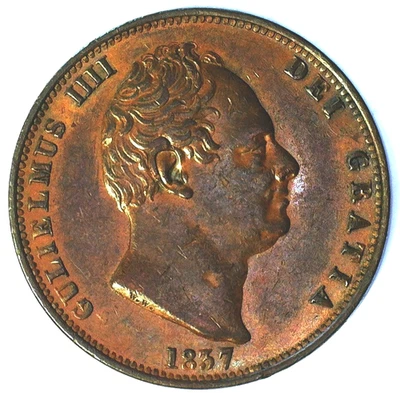 G.B. КОРОЛЬ УИЛЬЯМ IV 1837 ПОЛОВИНА ПЕННИ (KM #706) КОРИЧНЕВЫЙ CH AU - Изображение 1 из 2