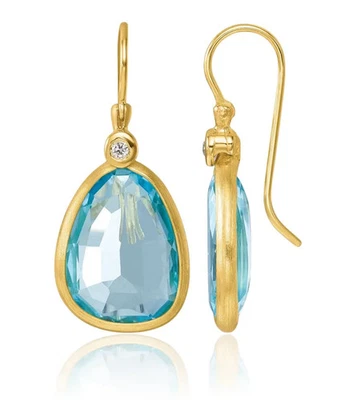 14K Solid Yellow Gold Diamond Swiss Blue Topaz Shephard Hook Dangle Earrings - Image 1 of 4