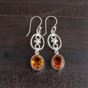 Citrine Gemstone Silver Earring 2" 925 Solid Silver Jewelry For Anniversary Gift - Picture 1 of 6
