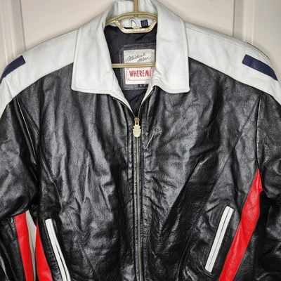 Michael Hoban WHEREMI Leather Jacket Mens Large Black White Bomber USA Flag - Image 1 of 4
