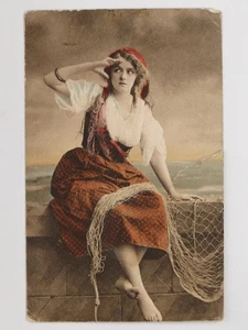Woman Fisher Fishwife Costume Fishing Net 1913 VTG Charterhouse Series Postcard - Picture 1 of 2