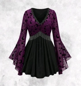New Black/Purple Gothic Moon & Stars Mesh Flared Sleeve Blouse size 5XL 26 28 30 - Picture 1 of 6