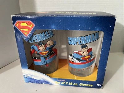 Superman vintage 2 piezas. Juego de vasos de vidrio para beber 16 oz nuevo en caja - Warner Bros. DC Foto 1 de 4
