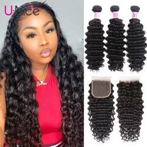 UNice Indian Deep Curly Wave 3 Bundles with Lace Closure Human Hair Extension US - Picture 1 of 12