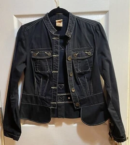 Vintage Faded Glory Size 8 Short Peplum Jean Jacket-Dark Black Wash - Picture 1 of 13