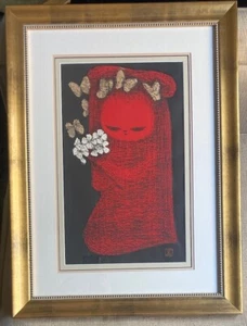 Kaoru Kawano "Mädchen mit Blumen" gerahmt mattiert Original Holzschnitt signiert Kunstdruck - Bild 1 von 13