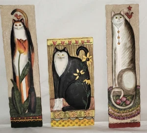 E. Smithson Cat Folk Art 3D Wall Plaques Resin Signed Whimsical 3"x11" Set of 3 - Picture 1 of 7