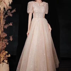 Women Girls Lace Mesh Dress Short Sleeve Ball Gown Long Glitter Bridesmaid Swing - Picture 1 of 9