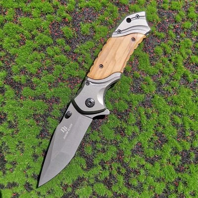 Cuchillo plegable de bolsillo táctico al aire libre mango de madera supervivencia caza camping Foto 1 de 4