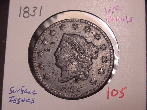 1831 CORONET HEAD LARGE CENT VF DETAILS COMBINED SHIPPING Cover