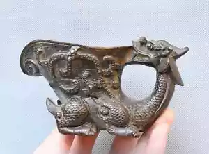 5.1''Old Chinese Dynasty Bronze Dragon Loong Beast Drinking Wine Glass Cup - Picture 1 of 7