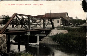 CAMDEN, MICHIGAN - ST. JOE RIVER & CHEESE FACTORY - HORSE-DRAWN - 1914 POSTCARD - Picture 1 of 2