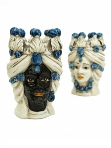 Coppia teste di moro moderna blu in ceramica siciliana di Caltagirone 20 cm - Picture 1 of 5