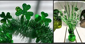 9 ft St. Patrick's Day SPARKLY Shamrocks Tinsel Garland AND Balloon Weight Decor - Picture 1 of 10