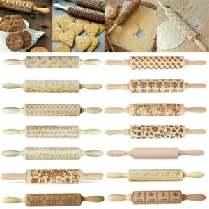 Wooden Rolling Pin Embossing Baking Cookies Roller Christmas Engraved Elk Tree - Picture 1 of 32
