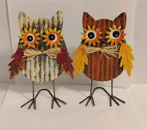 Set Of Two Metal Owls Colorful Autumn Fall Farmhouse Home Garden Table Decor 8" - Picture 1 of 6