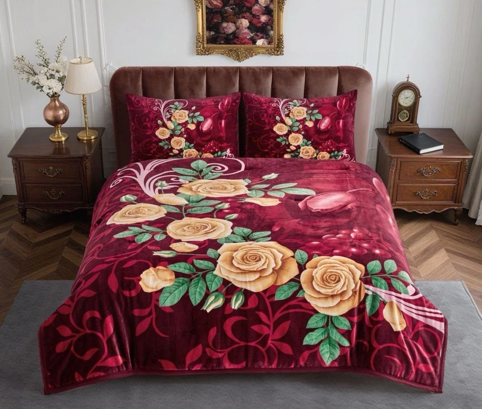 MANTA FLORES BORGOÑA CON SHERPA MUY SUAVE GRUESA Y CÁLIDA 3 PIEZAS TAMAÑO KING Foto 1 de 1