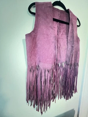 Chaleco Vintage Años 60/70 Cuero Púrpura Flecos Largos Estilo Hippie Boho, Talla S/M Foto 1 de 4