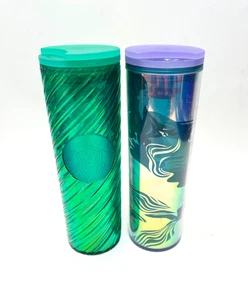 SET BESTEHEND AUS 2 Starbucks 16 Unzen Bechern schillernd lila Meerjungfrau lila grün - Bild 1 von 7