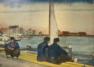 Ilustración vintage de 1906 esperando viento y marea en Holanda Edward Penfield - Imagen 1 de 2