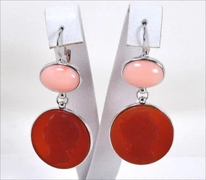 Pendientes de Oro Blanco 18KT Con Coral Rosa Y Ágata Rojo Grabado Obht - Imagen 1 de 3