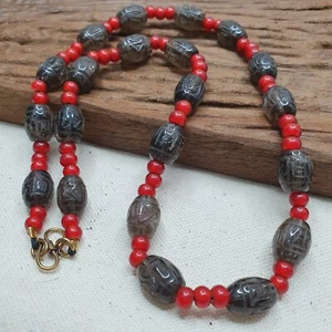 Exquisito arte tibetano antiguo cuarzo ahumado y cuentas venecianas corazón blanco Mala - Imagen 1 de 12