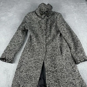 DKNY Coat Womens 6 Black Wool Blend Ruffle Herringbone Lined Button Long Sleeve - Picture 1 of 14