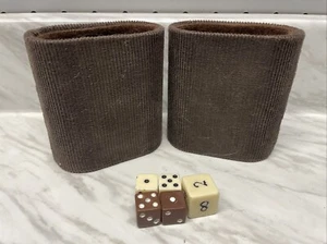 Vintage Backgammon parts / pieces brown felt cups Brown & white dice - Picture 1 of 3