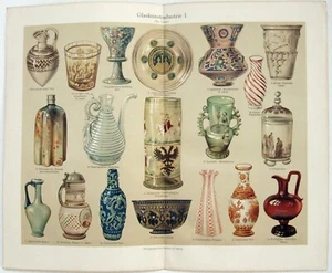 Kunstglas I - Original Chromo-Lithographie von Meyers von 1909. Glaskunstindustrie I - Bild 1 von 3