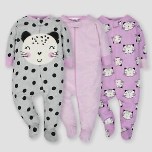 Gerber Baby Girl's 3 Pack Sleep N Plays Size 0-3 Months NEW Cat, Stripes, Dots