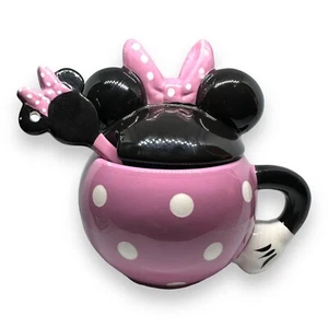 Minnie Mouse Becher mit Löffel Deckel Kaffee Tee Zuckerdose rosa Tupfen Schleife - Bild 1 von 5