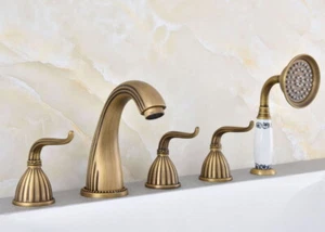 Antique Brass Deck Mounted Bath 5 Holes Tub Mixer Tap Faucet Hand Shower ytf243 - Picture 1 of 8