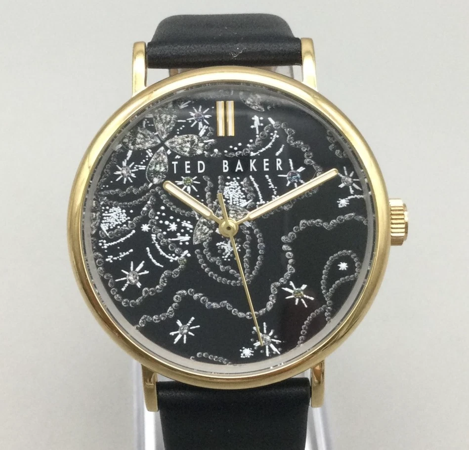 Ted Baker Reloj Mujer 37mm Negro Esfera Floral Estuche Dorado Cuero Batería Nueva Foto 1 de 4