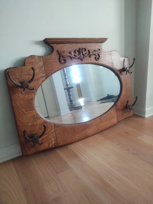 ✨Espejo de entrada antiguo grande victoriano de madera de roble con ganchos para sombrero HERMOSO  Foto 1 de 4