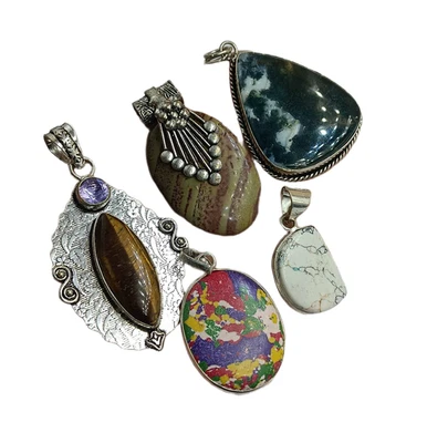 Lote de 5 pingentes de pedra preciosa olho de tigre e mix folheados a prata esterlina 925 LOTE-TU107 - Imagem 1 de 4