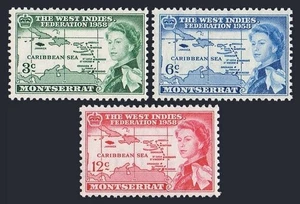 Montserrat 143-145,MNH.Michel 144-146. West Indies Federation,1958.Map:Caribbean - Picture 1 of 1