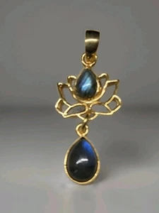 Natural Labradorite 925 Sterling Silver Dangle Lotus Flower Pendant 1735 - Picture 1 of 6