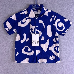 Zara Hemd Jungen 3 Blau Weiß Abstrakt Knopfleiste Kurzarm Sommer Freizeit Neu mit Etikett - Bild 1 von 9