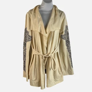 Lucky Brand Open Belted Cardigan Cream with Black Embroidered Sleeves Size Large - Picture 1 of 17