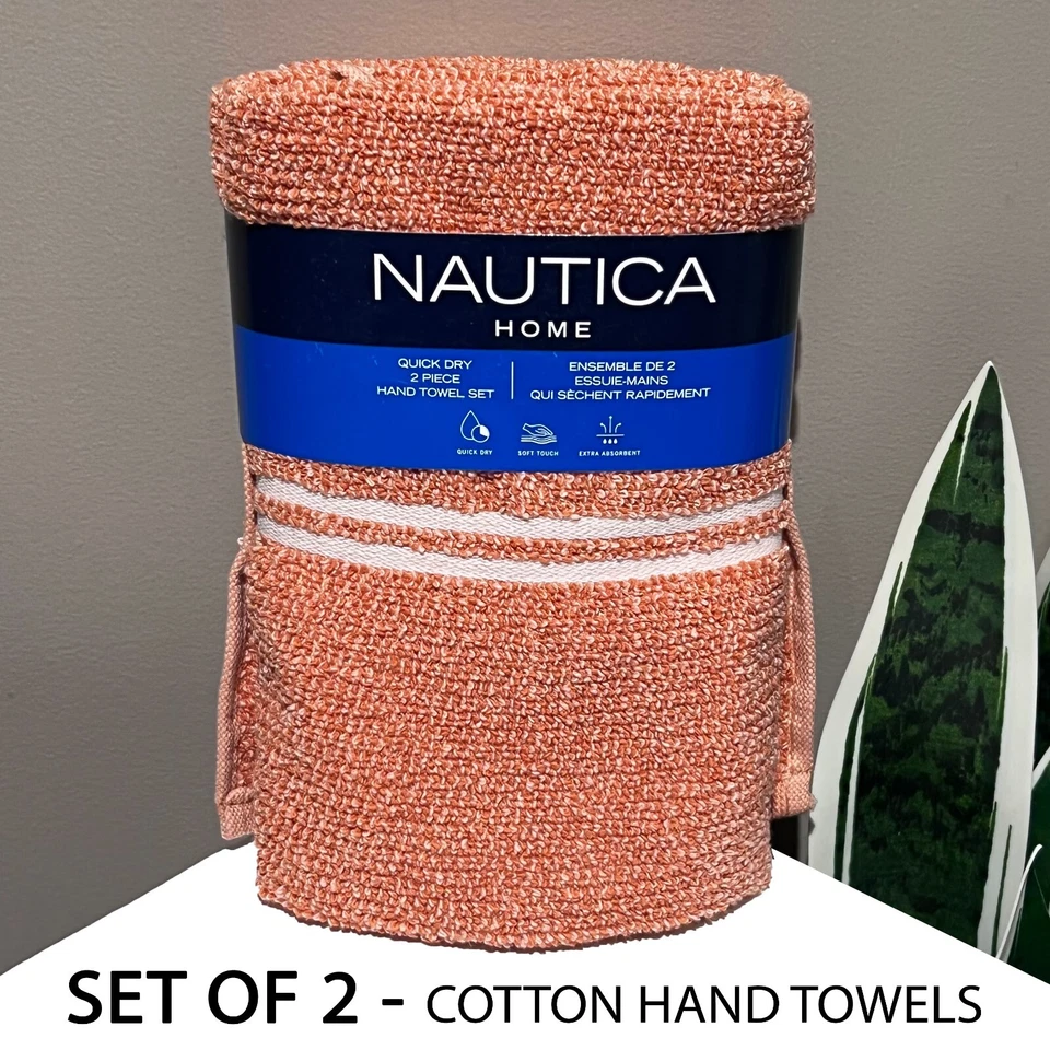 JUEGO DE 2 nuevas toallas de mano NAUTICA HOME a rayas naranja rojo o amarillo cremoso Foto 1 de 1